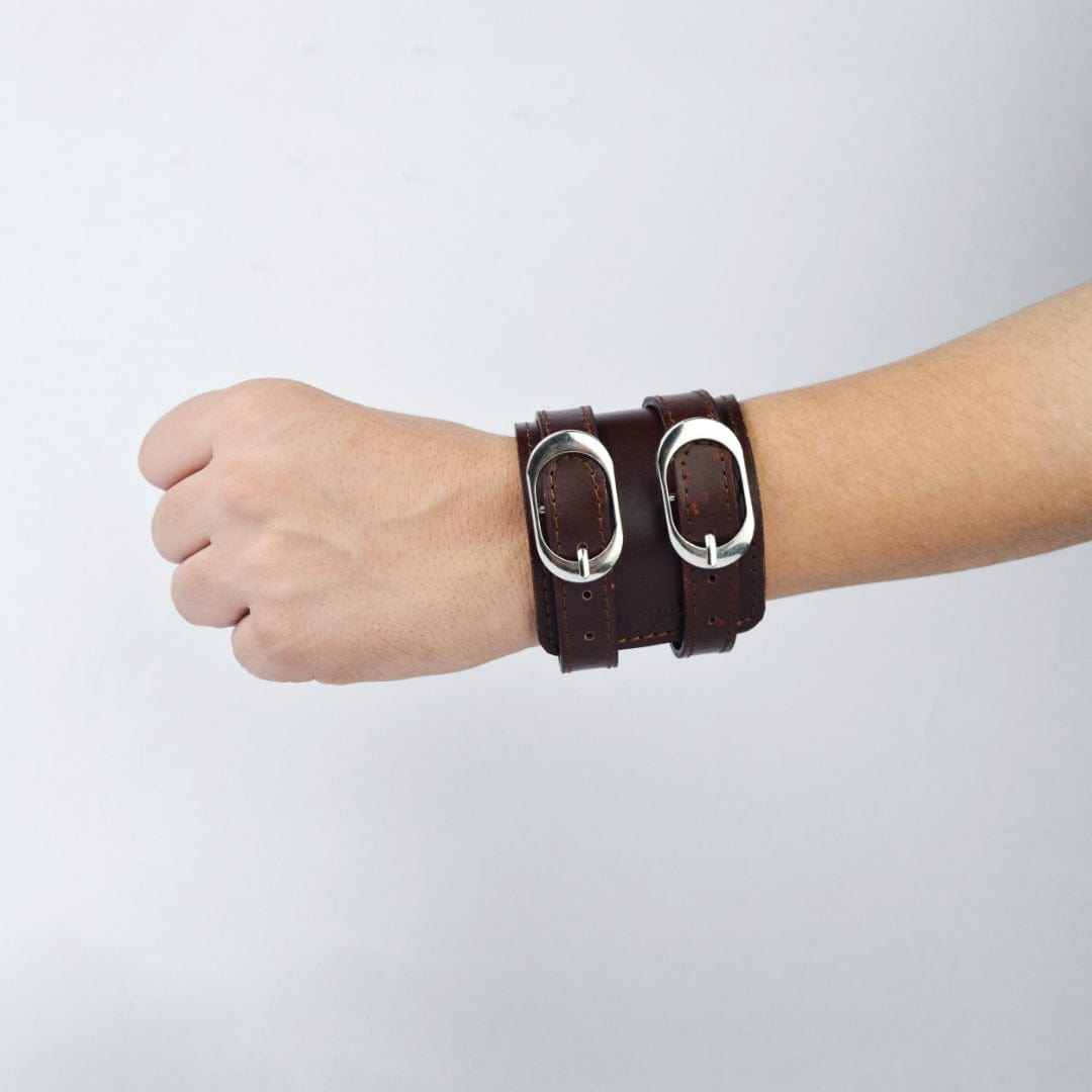 Leather wrist cuff with unique design and fashion-forward style